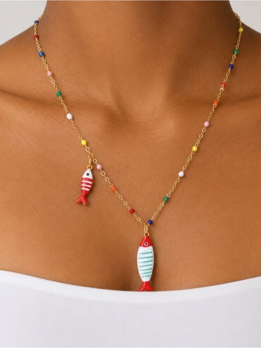 New! Coastal Gold Fish Sardine Colorful Gold Chain Necklace NWOT